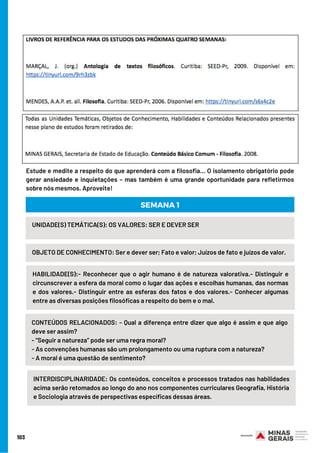 INTERDISCIPLINARIDADE: Os conteúdos, conceitos e processos tratados nas habilidades
acima serão retomados ao longo do ano nos componentes curriculares Geografia, História
e Sociologia através de perspectivas específicas dessas áreas.
103
UNIDADE(S) TEMÁTICA(S): OS VALORES: SER E DEVER SER
OBJETO DE CONHECIMENTO: Ser e dever ser; Fato e valor; Juízos de fato e juízos de valor.
HABILIDADE(S):- Reconhecer que o agir humano é de natureza valorativa.- Distinguir e
circunscrever a esfera da moral como o lugar das ações e escolhas humanas, das normas
e dos valores.- Distinguir entre as esferas dos fatos e dos valores.- Conhecer algumas
entre as diversas posições filosóficas a respeito do bem e o mal.
SEMANA 1
CONTEÚDOS RELACIONADOS: - Qual a diferença entre dizer que algo é assim e que algo
deve ser assim?
- “Seguir a natureza” pode ser uma regra moral?
- As convenções humanas são um prolongamento ou uma ruptura com a natureza?
- A moral é uma questão de sentimento?
Estude e medite a respeito do que aprenderá com a filosofia… O isolamento obrigatório pode
gerar ansiedade e inquietações – mas também é uma grande oportunidade para refletirmos
sobre nós mesmos. Aproveite!
 