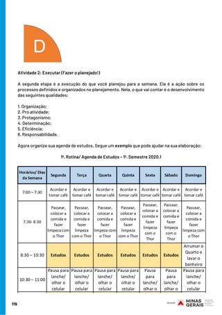 176
Atividade 2: Executar (Fazer o planejado!)
 
A segunda etapa é a execução do que você planejou para a semana. Ela é a ação sobre os
processos definidos e organizados no planejamento. Nela, o que vai contar é o desenvolvimento
das seguintes qualidades:
1. Organização;
2. Pro atividade;
3. Protagonismo;
4. Determinação;
5. Eficiência;
6. Responsabilidade.
 
Agora organize sua agenda de estudos. Segue um exemplo que pode ajudar na sua elaboração:
1ª. Rotina/ Agenda de Estudos – 1º. Semestre 2020.1
 