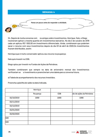 24. Depois de muita conversa com      os amigos sobre investimentos, Henrique, Ítalo, e Diego     
resolveram aplicar a mesma quantia em investimentos bancários. No dia 2 de outubro de 2019
cada um aplicou R$ 1 000,00 em investimento diferenciado. Ainda, combinaram que poderiam
sacar o recurso com seus investimentos depois do dia 03 de abril de 2020.Os investimentos
ficaram distribuídos, assim:
Henrique que é muito conservador aplicou seu recurso na poupança;
Ítalo quis investir no CDB;
Diego optou por investir no Fundos de Ações da Petrobras.
Também combinaram que sempre na data de aniversário mensal dos investimentos
verificariam se      o investimento e preencheriam uma tabela para a conversa futura.
a) Tabela de acompanhamento dos recursos investidos.
Preencha a planilha de saldo na data indicada.
24
SEMANA 4
 