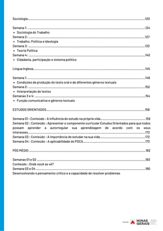 Sociologia do Trabalho
Trabalho, Política e Ideologia
Teoria Política
Cidadania, participação e sistema político
Condições de produção do texto oral e de diferentes gêneros textuais
Interpretação de textos
Função comunicativa e gêneros textuais
Sociologia......……………………………………………………………………………………………………............120
Semana 1: ....................................................................................................................................124
Semana 2: ...................................................................................................................................127
Semana 3: ...................................................................................................................................133
Semana 4: ...................................................................................................................................140
Língua Inglesa……………...……………………………………………………………………………………............145
Semana 1: ....................................................................................................................................146
Semana 2: ...................................................................................................................................150
Semanas 3 e 4: ............................................................................................................................154
ESTUDOS ORIENTADOS...............................................................................................................158
Semana 01 : Conteúdo : A influência do estudo na própria vida...................................................159
Semana 02 : Conteúdo : Apresentar o componente curricular Estudos Orientados para que todos
possam aprender a autorregular sua aprendizagem de acordo com os seus
interesses....................................................................................................................................172
Semana 03 : Conteúdo : A importância de estudar na sua vida...................................................172
Semana 04 : Conteúdo : A aplicabilidade do PDCA......................................................................172
PÓS MÉDIO ...................................................................................................................................182
Semanas 01 e 02 ..........................................................................................................................183
Conteúdo : Onde você se vê?
Semana 03 e 04 ...........................................................................................................................190
Desenvolvendo o pensamento crítico e a capacidade de resolver problemas
 
