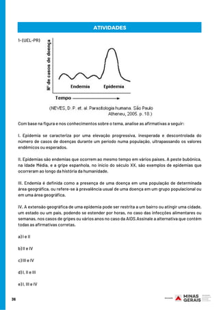 1- (UEL-PR)
Com base na figura e nos conhecimentos sobre o tema, analise as afirmativas a seguir:
I. Epidemia se caracteriza por uma elevação progressiva, inesperada e descontrolada do
número de casos de doenças durante um período numa população, ultrapassando os valores
endêmicos ou esperados.
II. Epidemias são endemias que ocorrem ao mesmo tempo em vários países. A peste bubônica,
na Idade Média, e a gripe espanhola, no início do século XX, são exemplos de epidemias que
ocorreram ao longo da história da humanidade.
III. Endemia é definida como a presença de uma doença em uma população de determinada
área geográfica, ou refere-se à prevalência usual de uma doença em um grupo populacional ou
em uma área geográfica.
IV. A extensão geográfica de uma epidemia pode ser restrita a um bairro ou atingir uma cidade,
um estado ou um país, podendo se estender por horas, no caso das infecções alimentares ou
semanas, nos casos de gripes ou vários anos no caso da AIDS.Assinale a alternativa que contém
todas as afirmativas corretas.
a) I e II
b) II e IV
c) III e IV
d) I, II e III
e) I, III e IV
36
ATIVIDADES
 