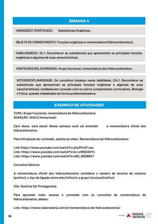 59
UNIDADE(S) TEMÁTICA(S):        Substâncias Orgânicas.
OBJETO DE CONHECIMENTO: Funções orgânicas e nomenclatura (Hidrocarbonetos).
HABILIDADE(S): 24.1. Reconhecer as substâncias que apresentam as principais funções
orgânicas e algumas de suas características.
SEMANA 4
CONTEÚDOS RELACIONADOS: Grupo funcional, nomenclatura dos Hidrocarbonetos.
INTERDISCIPLINARIDADE: Os conceitos tratados nesta habilidade, (24.1. Reconhecer as
substâncias que apresentam as principais funções orgânicas e algumas de suas
características), estabelecem conexão com os outros componentes curriculares, Biologia
e Física, quando trabalhados de forma problematizadora.
EXEMPLO DE ATIVIDADES
TEMA: Grupo Funcional, nomenclatura de Hidrocarbonetos
DURAÇÃO: 1h40 (2 horas/aula)
Caro aluno, cara aluna! Nessa semana você vai entender       a nomenclatura oficial dos
hidrocarbonetos. 
Para introdução do conteúdo, assista ao vídeo: Nomenclatura de Hidrocarbonetos: 
Link:https://www.youtube.com/watch?v=yCaZPoVFLwo
Link: https://www.youtube.com/watch?v=2J-eW0EDOY4
Link: https://www.youtube.com/watch?v=oK5_N0D88XY
Conceitos Básicos
A nomenclatura oficial dos hidrocarbonetos considera o número de átomos de carbono
(prefixo), o tipo de ligação entre eles (infixo) e o grupo funcional (sufixo).
Site: Química Ser Protagonista
Para aprender mais: acesse o conteúdo com os conceitos de nomenclatura de
hidrocarbonetos, abaixo.
Link: https://www.todamateria.com.br/nomenclatura-de-hidrocarbonetos/
 