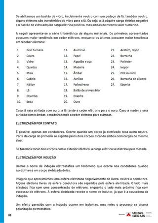 Se atritarmos um bastão de vidro, inicialmente neutro com um pedaço de lã, também neutro,
alguns elétrons são transferidos do vidro para a lã. Ou seja, a lã adquire carga elétrica negativa
e o bastão de vidro adquire carga elétrica positiva, mas ambas de mesmo valor numérico.
A seguir apresenta-se a série triboelétrica de alguns materiais. Os primeiros apresentados
possuem maior tendência em ceder elétrons, enquanto os últimos possuem maior tendência
em receber elétrons:
Caso lã seja atritada com ouro, a lã tende a ceder elétrons para o ouro. Caso a madeira seja
atritada com o âmbar, a madeira tende a ceder elétrons para o âmbar.
ELETRIZAÇÃO POR CONTATO
É possível apenas em condutores. Ocorre quando um corpo já eletrizado toca outro neutro.
Parte da carga do primeiro se espalha pelos dois corpos, ficando ambos com cargas de mesmo
sinal.
Se fazemos tocar dois corpos com o exterior idêntico, a carga elétrica se distribui pela metade.
ELETRIZAÇÃO POR INDUÇÃO
Damos o nome de indução eletrostática um fenômeno que ocorre nos condutores quando
aproxima-se um corpo eletrizado deles.
Imagine que aproximamos uma esfera eletrizada negativamente de outra, neutra e condutora.
Alguns elétrons livres da esfera condutora são repelidos pela esfera eletrizada. O lado mais
afastado fica com uma concentração de elétrons, enquanto o lado mais próximo fica com
escassez de elétrons. A esfera eletrizada recebe o nome de indutor, já que é a causadora da
indução.
Um efeito parecido com a indução ocorre em isolantes, mas neles o processo se chama
polarização eletrostática.
65
 