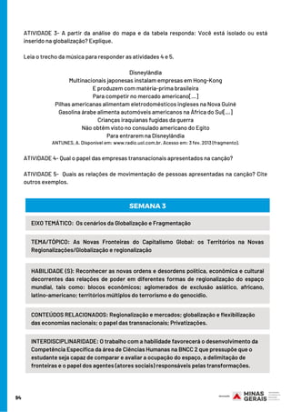 ATIVIDADE 3- A partir da análise do mapa e da tabela responda: Você está isolado ou está
inserido na globalização? Explique. 
Leia o trecho da música para responder as atividades 4 e 5. 
Disneylândia
Multinacionais japonesas instalam empresas em Hong-Kong
E produzem com matéria-prima brasileira
Para competir no mercado americano[...]
Pilhas americanas alimentam eletrodomésticos ingleses na Nova Guiné
Gasolina árabe alimenta automóveis americanos na África do Sul[...]
Crianças iraquianas fugidas da guerra
Não obtêm visto no consulado americano do Egito
Para entrarem na Disneylândia
ANTUNES, A. Disponível em: www.radio.uol.com.br. Acesso em: 3 fev. 2013 (fragmento).
ATIVIDADE 4- Qual o papel das empresas transnacionais apresentados na canção? 
ATIVIDADE 5-  Quais as relações de movimentação de pessoas apresentadas na canção? Cite
outros exemplos.
94
HABILIDADE (S): Reconhecer as novas ordens e desordens política, econômica e cultural
decorrentes das relações de poder em diferentes formas de regionalização do espaço
mundial, tais como: blocos econômicos; aglomerados de exclusão asiático, africano,
latino-americano; territórios múltiplos do terrorismo e do genocídio.
TEMA/TÓPICO: As Novas Fronteiras do Capitalismo Global: os Territórios na Novas
Regionalizações/Globalização e regionalização
SEMANA 3
EIXO TEMÁTICO:  Os cenários da Globalização e Fragmentação
CONTEÚDOS RELACIONADOS: Regionalização e mercados; globalização e flexibilização
das economias nacionais; o papel das transnacionais; Privatizações.
INTERDISCIPLINARIDADE: O trabalho com a habilidade favorecerá o desenvolvimento da
Competência Específica da área de Ciências Humanas na BNCC 2 que pressupõe que o
estudante seja capaz de comparar e avaliar a ocupação do espaço, a delimitação de
fronteiras e o papel dos agentes (atores sociais) responsáveis pelas transformações.
 