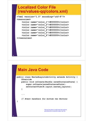 Localized Color File
(res/values-qq/colors.xml)
<?xml version="1.0" encoding="utf-8"?>
<resources>
<color name="color_1">#000000</color>
<color name="color_2">#000000</color>
<color name="color_3">#000000</color>
<color name="color_4">#000000</color>
<color name="color_5">#000000</color>
<color name="color_6">#000000</color>
</resources>
29
Main Java Code
public class NestedLayoutsActivity extends Activity {
@Override
public void onCreate(Bundle savedInstanceState) {
super.onCreate(savedInstanceState);
setContentView(R.layout.nested_layouts);
}
...
// Event handlers for bottom two Buttons
}
30
There are two buttons on initial screen that invoke this
same Activity. But, one sets the Locale to "qq" first.
 