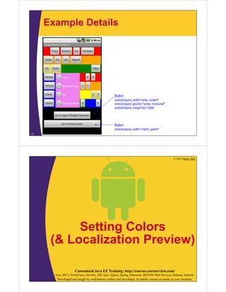 Example Details
19
Button
android:layout_width="wrap_content"
android:layout_gravity="center_horizontal"
android:layout_marginTop="20dp"
Button
android:layout_width="match_parent"
© 2012 Marty Hall
Customized Java EE Training: http://courses.coreservlets.com/
Java, JSF 2, PrimeFaces, Servlets, JSP, Ajax, jQuery, Spring, Hibernate, RESTful Web Services, Hadoop, Android.
Developed and taught by well-known author and developer. At public venues or onsite at your location.
Setting Colors
(& Localization Preview)
 