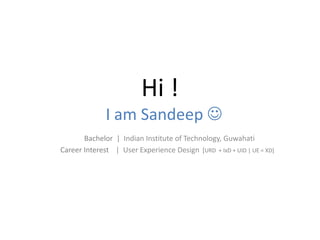 Hi !
              I am Sandeep 
       Bachelor | Indian Institute of Technology, Guwahati
Career Interest | User Experience Design [URD + IxD + UID | UE = XD]
 