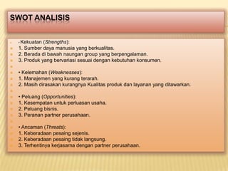 SWOT ANALISIS








Kekuatan (Strengths):
1. Sumber daya manusia yang berkualitas.
2. Berada di bawah naungan group yang berpengalaman.
3. Produk yang bervariasi sesuai dengan kebutuhan konsumen.
•






• Kelemahan (Weaknesses):
1. Manajemen yang kurang terarah.
2. Masih dirasakan kurangnya Kualitas produk dan layanan yang ditawarkan.







• Peluang (Opportunities):
1. Kesempatan untuk perluasan usaha.
2. Peluang bisnis.
3. Peranan partner perusahaan.








• Ancaman (Threats):
1. Keberadaan pesaing sejenis.
2. Keberadaan pesaing tidak langsung.
3. Terhentinya kerjasama dengan partner perusahaan.

 