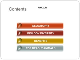 Contents
GEOGRAPHY
BIOLOGY DIVERSITY
BENEFITS
TOP DEADLY ANIMALS4
1
2
3
AMAZON
 