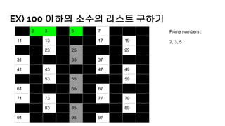 EX) 100 이하의 소수의 리스트 구하기
1 2 3 4 5 6 7 8 9 10
11 12 13 14 15 16 17 18 19 20
21 22 23 24 25 26 27 28 29 30
31 32 33 34 35 36 37 38 39 40
41 42 43 44 45 46 47 48 49 50
51 52 53 54 55 56 57 58 59 60
61 62 63 64 65 66 67 68 69 70
71 72 73 74 75 76 77 78 79 80
81 82 83 84 85 86 87 88 89 90
91 92 93 94 95 96 97 98 99 100
Prime numbers :
2, 3, 5
 