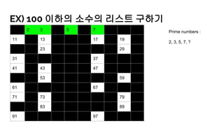 EX) 100 이하의 소수의 리스트 구하기
1 2 3 4 5 6 7 8 9 10
11 12 13 14 15 16 17 18 19 20
21 22 23 24 25 26 27 28 29 30
31 32 33 34 35 36 37 38 39 40
41 42 43 44 45 46 47 48 49 50
51 52 53 54 55 56 57 58 59 60
61 62 63 64 65 66 67 68 69 70
71 72 73 74 75 76 77 78 79 80
81 82 83 84 85 86 87 88 89 90
91 92 93 94 95 96 97 98 99 100
Prime numbers :
2, 3, 5, 7, ?
 