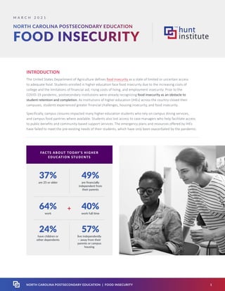 NORTH CAROLINA POSTSECONDARY EDUCATION
FOOD INSECURITY
M A R C H 2 0 2 1
INTRODUCTION
The United States Department of Agriculture defines food insecurity as a state of limited or uncertain access
to adequate food. Students enrolled in higher education face food insecurity due to the increasing costs of
college and the limitations of financial aid, rising costs of living, and employment insecurity. Prior to the
COVID-19 pandemic, postsecondary institutions were already recognizing food insecurity as an obstacle to
student retention and completion. As institutions of higher education (IHEs) across the country closed their
campuses, students experienced greater financial challenges, housing insecurity, and food insecurity.
Specifically, campus closures impacted many higher education students who rely on campus dining services,
and campus food pantries where available. Students also lost access to case managers who help facilitate access
to public benefits and community-based support services. The emergency plans and resources offered by IHEs
have failed to meet the pre-existing needs of their students, which have only been exacerbated by the pandemic.
FACTS ABOUT TODAY’S HIGHER
EDUCATION STUDENTS
+
NORTH CAROLINA POSTSECONDARY EDUCATION | FOOD INSECURITY 1
37%
24%
64%
49%
57%
40%
are 25 or older
have children or
other dependents
work
are financially
independent from
their parents
live independently
– away from their
parents or campus
housing
work full time
 