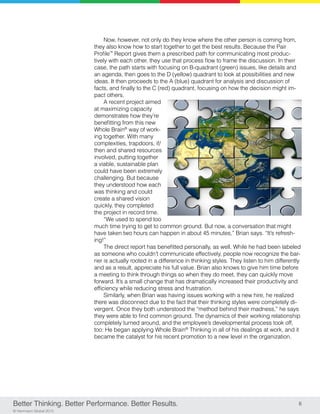 Better Thinking. Better Performance. Better Results. 6
© Herrmann Global 2013
Now, however, not only do they know where the other person is coming from,
they also know how to start together to get the best results. Because the Pair
Profile™
Report gives them a prescribed path for communicating most produc-
tively with each other, they use that process flow to frame the discussion. In their
case, the path starts with focusing on B-quadrant (green) issues, like details and
an agenda, then goes to the D (yellow) quadrant to look at possibilities and new
ideas. It then proceeds to the A (blue) quadrant for analysis and discussion of
facts, and finally to the C (red) quadrant, focusing on how the decision might im-
pact others.
A recent project aimed
at maximizing capacity
demonstrates how they’re
benefitting from this new
Whole Brain®
way of work-
ing together. With many
complexities, trapdoors, if/
then and shared resources
involved, putting together
a viable, sustainable plan
could have been extremely
challenging. But because
they understood how each
was thinking and could
create a shared vision
quickly, they completed
the project in record time.
“We used to spend too
much time trying to get to common ground. But now, a conversation that might
have taken two hours can happen in about 45 minutes,” Brian says. “It’s refresh-
ing!”
The direct report has benefitted personally, as well. While he had been labeled
as someone who couldn’t communicate effectively, people now recognize the bar-
rier is actually rooted in a difference in thinking styles. They listen to him differently
and as a result, appreciate his full value. Brian also knows to give him time before
a meeting to think through things so when they do meet, they can quickly move
forward. It’s a small change that has dramatically increased their productivity and
efficiency while reducing stress and frustration.
Similarly, when Brian was having issues working with a new hire, he realized
there was disconnect due to the fact that their thinking styles were completely di-
vergent. Once they both understood the “method behind their madness,” he says
they were able to find common ground. The dynamics of their working relationship
completely turned around, and the employee’s developmental process took off,
too: He began applying Whole Brain®
Thinking in all of his dealings at work, and it
became the catalyst for his recent promotion to a new level in the organization.
 