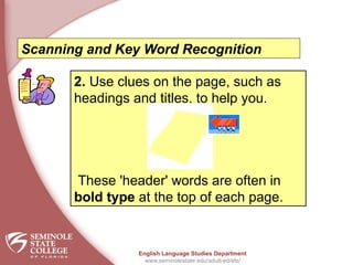 First Scan Words Scaning skills These words área often key | PPSX