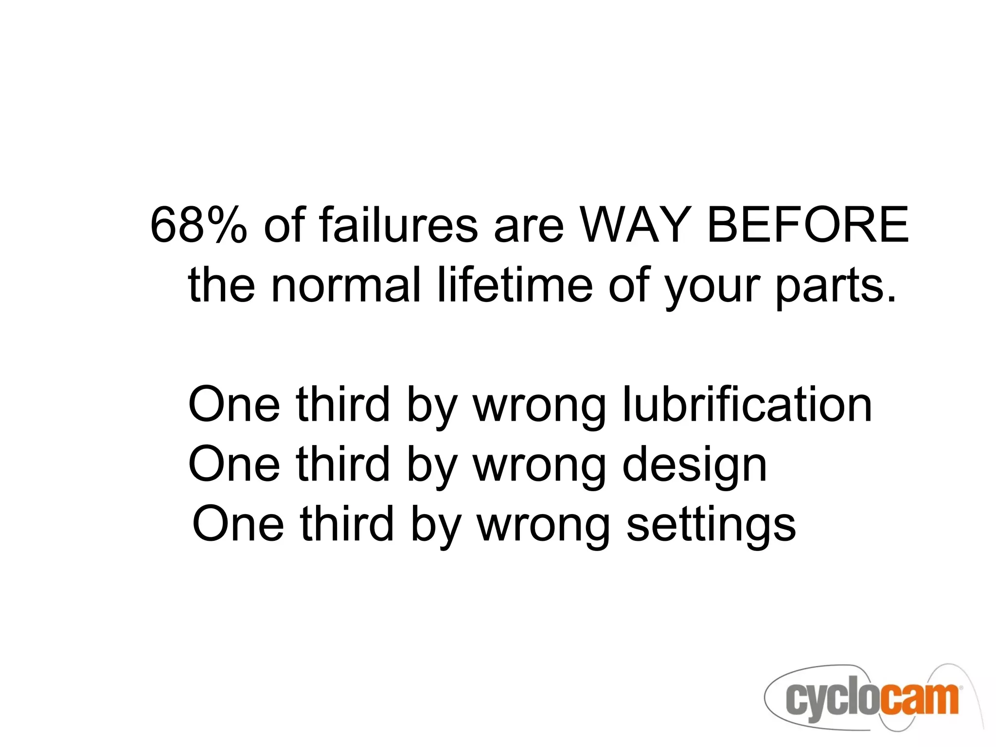 68% of failures are WAY BEFORE
 the normal lifetime of your parts.

 One third by wrong lubrification
 One third by wrong design
 One third by wrong settings
 