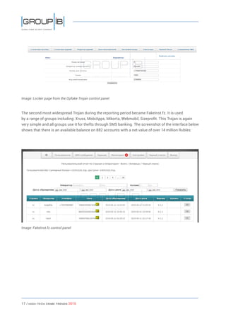 17 / HiGH-Tech Crime Trends 2015
Image: Locker page from the Opfake Trojan control panel
The second most widespread Trojan during the reporting period became FakeInst.fz. It is used
by a range of groups including: Xruss, MobiApps, Mikorta, Webmobil, Sizeprofit. This Trojan is again
very simple and all groups use it for thefts through SMS banking. The screenshot of the interface below
shows that there is an available balance on 882 accounts with a net value of over 14 million Rubles:
Image: FakeInst.fz control panel
 