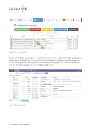 20 / HiGH-Tech Crime Trends 2015
Image: Univert control panel
Another private Trojan operating via a complex theft method is Galf used by the Greff group. Aside from
thefts through SMS banking, it can conduct phishing attacks on accounts with larger bank balances.
In these phishing attacks cyber-criminals receive internet banking logins and passwords which give
them the ability to sidestep limits set on SMS banking transfers.
Image: Galf control panel
 