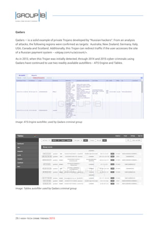 29 / HiGH-Tech Crime Trends 2015
Qadars
Qadars – is a solid example of private Trojans developed by “Russian hackers”. From an analysis
of attacks, the following regions were confirmed as targets: Australia, New Zealand, Germany, Italy,
USA, Canada and Scotland. Additionally, this Trojan can redirect traffic if the user accesses the site
of a Russian payment system - «okpay.com/ru/account/».
As in 2013, when this Trojan was initially detected, through 2014 and 2015 cyber-criminals using
Qadars have continued to use two readily available autofillers - ATS Engine and Tables.
Image: ATS Engine autofiller, used by Qadars criminal group
Image: Tables autofiller used by Qadars criminal group
 