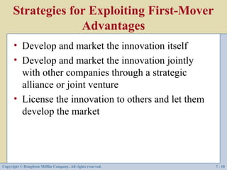 Strategies for Exploiting First-Mover
                   Advantages
      • Develop and market the innovation itself
      • Develop and market the innovation jointly
        with other companies through a strategic
        alliance or joint venture
      • License the innovation to others and let them
        develop the market




Copyright © Houghton Mifflin Company. All rights reserved.   7 - 18
 