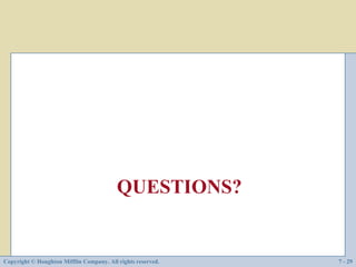 QUESTIONS?


Copyright © Houghton Mifflin Company. All rights reserved.   7 - 29
 