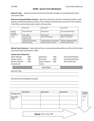 HI354:  Search Term Worksheet Research Topic:     Explore the history of environmental policy changes surrounding the Rhine River Toxic Spill of 1986. Brainstorm Keywords/Major Concepts:  agricultural chemicals, pesticides, herbicides, pollution, water pollution, Switzerland, Germany, Austria, France, Holland, International Commission for the Protection of the Rhine, environmental policy, law(s), and restoration. Keyword 1Keyword 2Keyword 3starting concept Water Pollution Rhine RiverEnvironmental Policyalternative termsToxic SpillSwitzerlandEnvironmental LawChemical spillChemical leakBasel, SwitzerlandRhine Action PlanAgricultural chemicalsSchweizerhalle, SwitzerlandPollution Abatement PlanSandoz Incident Sandoz chemical factorySalmon 2000 Project Refined Topic Statement:   Examination of Swiss environmental policies before and after the Rhine River Toxic Spill in Basel, Switzerland in 1986. Sample Search Statement: Water PollutionANDSwitzerland         AND        Environmental Policy Sandoz Incident ANDRhine River         AND           Environmental Policy Chemical leak ORANDSandoz Chemical       AND        Rhine Action Plan chemical spillFactory         Your Turn: Research Topic: Brainstorm Key words/Major Concepts: Keyword 1Keyword 2Broaden results using:  ORKeyword 3starting termsalternative terms Narrow results using:  AND Refined Topic Statement: Sample Search Statement (s): Search History: Date:Database:Search Statement:Limits Applied:# Results Returned: 