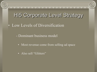 Hi5 Corporate Level Strategy Low Levels of Diversification - Dominant business model Most revenue come from selling ad space Also sell “Glitters” 