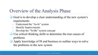 Overview of the Analysis Phase
 Goal is to develop a clear understanding of the new system’s
requirements
o Understand the “As-Is” system
o Identify Improvements
o Develop the “To-Be” system concept
 Use critical thinking skills to determine the true causes of
problems
 Apply knowledge of IS and business to outline ways to solve
the problems in the new system
© 2015 JOHN WILEY & SONS. ALL RIGHTS RESERVED. 4
 