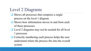 Level 2 Diagrams
 Shows all processes that comprise a single
process on the level 1 diagram
 Shows how information moves to and from each
of these processes
 Level 2 diagrams may not be needed for all level
1 processes
 Correctly numbering each process helps the user
understand where the process fits into the overall
system
 