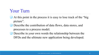 Your Turn
 At this point in the process it is easy to lose track of the “big
picture”.
 Describe the contribution of data flows, data stores, and
processes to a process model.
 Describe in your own words the relationship between the
DFDs and the ultimate new application being developed.
© 2015 JOHN WILEY & SONS. ALL RIGHTS RESERVED. 25
 
