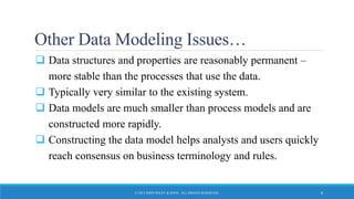 Other Data Modeling Issues…
 Data structures and properties are reasonably permanent –
more stable than the processes that use the data.
 Typically very similar to the existing system.
 Data models are much smaller than process models and are
constructed more rapidly.
 Constructing the data model helps analysts and users quickly
reach consensus on business terminology and rules.
© 2015 JOHN WILEY & SONS. ALL RIGHTS RESERVED. 6
 