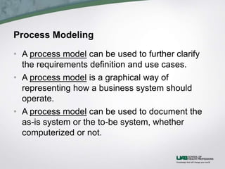 Process Modeling
• A process model can be used to further clarify
the requirements definition and use cases.
• A process model is a graphical way of
representing how a business system should
operate.
• A process model can be used to document the
as-is system or the to-be system, whether
computerized or not.
 