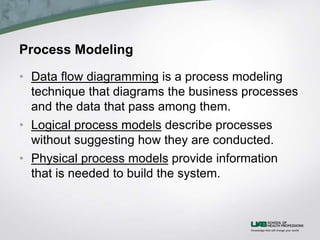 Process Modeling
• Data flow diagramming is a process modeling
technique that diagrams the business processes
and the data that pass among them.
• Logical process models describe processes
without suggesting how they are conducted.
• Physical process models provide information
that is needed to build the system.
 