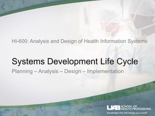 HI-600: Analysis and Design of Health Information Systems
Systems Development Life Cycle
Planning – Analysis – Design – Implementation
 