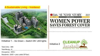 A Sustainable Living - Insideout
Total Units – 889
Total Blocks - 8
Occupancy – 80%+
Residents– 2000 + (also called SFVian)
Initiative 1 - Go Green – Switch ON LED lights
Initiative 2
 