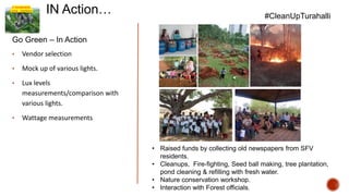 A Sustainable
Living - Insideout
IN Action…
Go Green – In Action
• Vendor selection
• Mock up of various lights.
• Lux levels
measurements/comparison with
various lights.
• Wattage measurements
#CleanUpTurahalli
• Raised funds by collecting old newspapers from SFV
residents.
• Cleanups, Fire-fighting, Seed ball making, tree plantation,
pond cleaning & refilling with fresh water.
• Nature conservation workshop.
• Interaction with Forest officials.
 