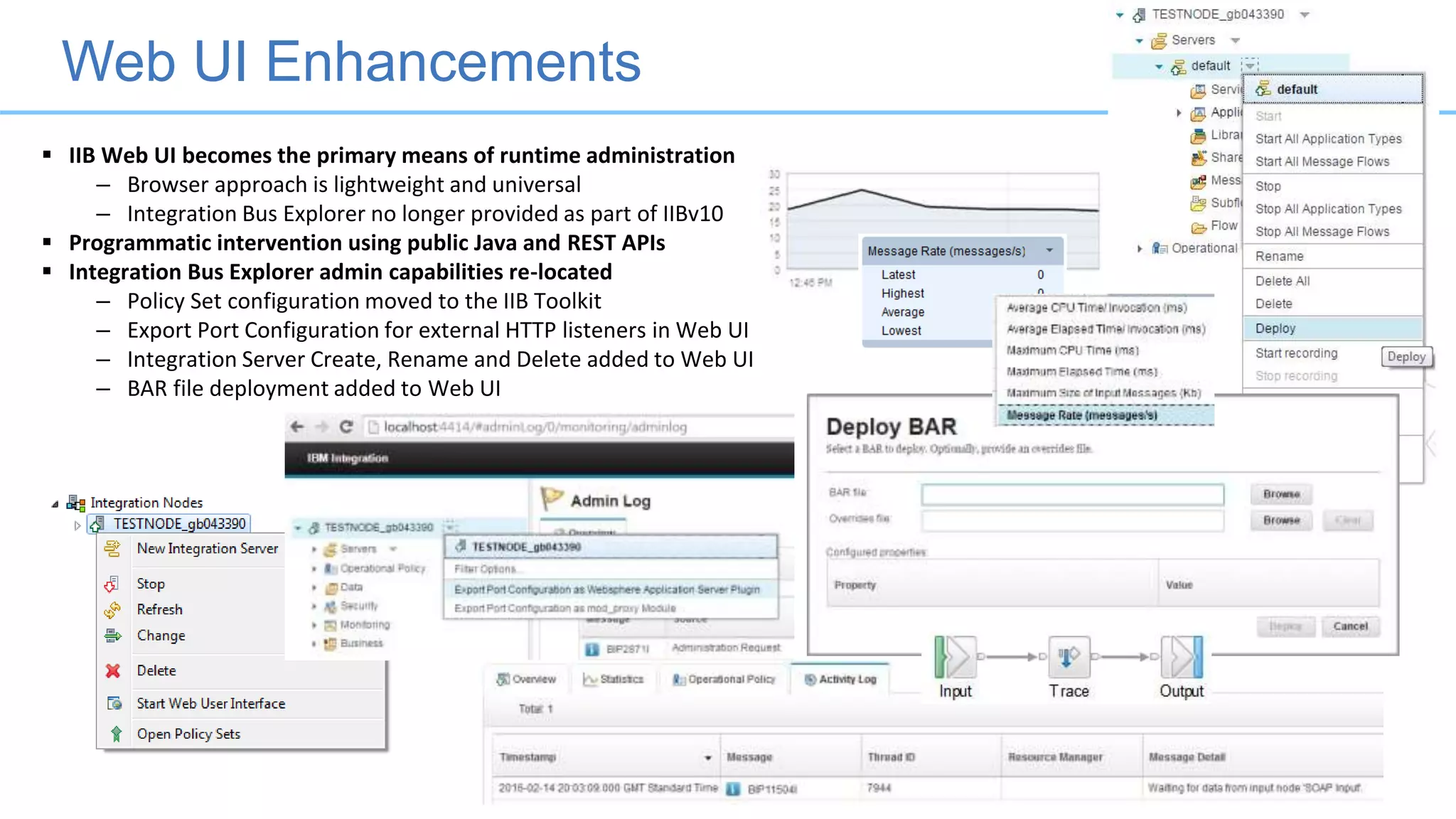  IIB Web UI becomes the primary means of runtime administration
– Browser approach is lightweight and universal
– Integration Bus Explorer no longer provided as part of IIBv10
 Programmatic intervention using public Java and REST APIs
 Integration Bus Explorer admin capabilities re-located
– Policy Set configuration moved to the IIB Toolkit
– Export Port Configuration for external HTTP listeners in Web UI
– Integration Server Create, Rename and Delete added to Web UI
– BAR file deployment added to Web UI
Web UI Enhancements
 