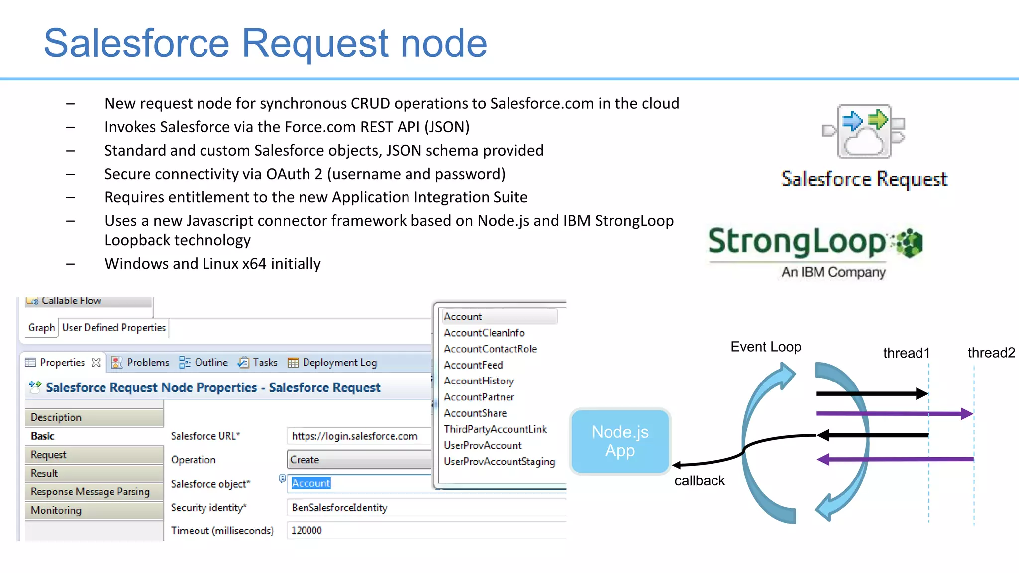 Salesforce Request node
– New request node for synchronous CRUD operations to Salesforce.com in the cloud
– Invokes Salesforce via the Force.com REST API (JSON)
– Standard and custom Salesforce objects, JSON schema provided
– Secure connectivity via OAuth 2 (username and password)
– Requires entitlement to the new Application Integration Suite
– Uses a new Javascript connector framework based on Node.js and IBM StrongLoop
Loopback technology
– Windows and Linux x64 initially
Node.js
App
callback
thread1 thread2Event Loop
 