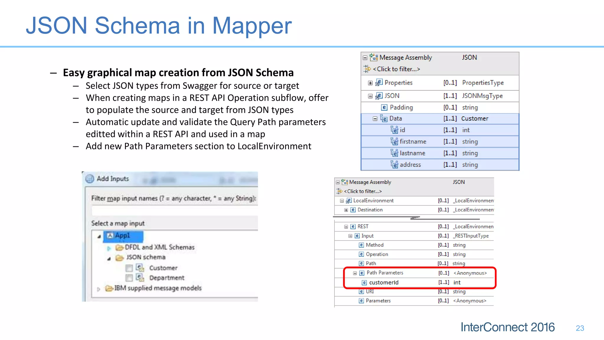 JSON Schema in Mapper
23
– Easy graphical map creation from JSON Schema
– Select JSON types from Swagger for source or target
– When creating maps in a REST API Operation subflow, offer
to populate the source and target from JSON types
– Automatic update and validate the Query Path parameters
editted within a REST API and used in a map
– Add new Path Parameters section to LocalEnvironment
 