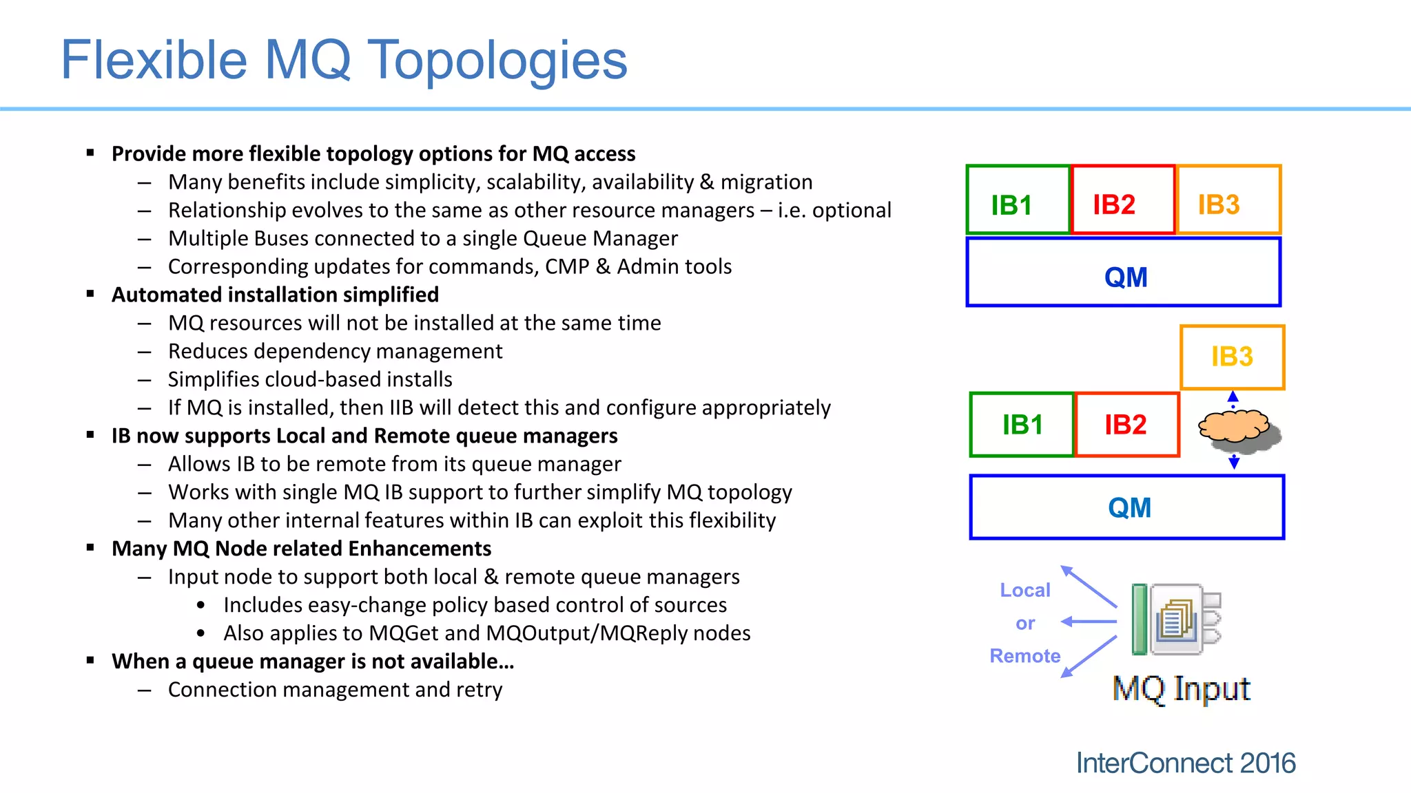  Provide more flexible topology options for MQ access
– Many benefits include simplicity, scalability, availability & migration
– Relationship evolves to the same as other resource managers – i.e. optional
– Multiple Buses connected to a single Queue Manager
– Corresponding updates for commands, CMP & Admin tools
 Automated installation simplified
– MQ resources will not be installed at the same time
– Reduces dependency management
– Simplifies cloud-based installs
– If MQ is installed, then IIB will detect this and configure appropriately
 IB now supports Local and Remote queue managers
– Allows IB to be remote from its queue manager
– Works with single MQ IB support to further simplify MQ topology
– Many other internal features within IB can exploit this flexibility
 Many MQ Node related Enhancements
– Input node to support both local & remote queue managers
• Includes easy-change policy based control of sources
• Also applies to MQGet and MQOutput/MQReply nodes
 When a queue manager is not available…
– Connection management and retry
Flexible MQ Topologies
8
IB1 IB2 IB3
QM
IB1 IB2
IB3
QM
Local
or
Remote
 