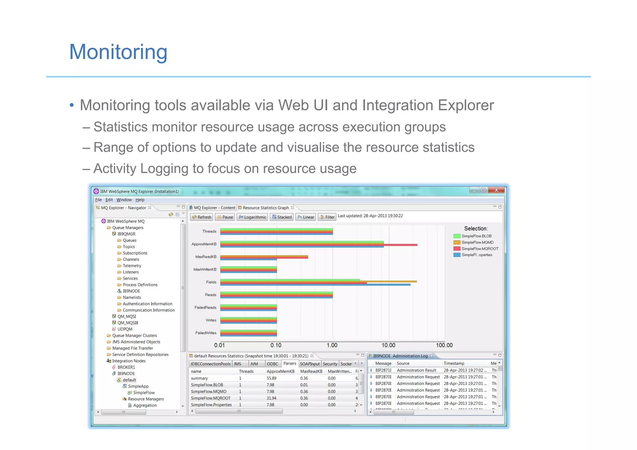 Monitoring
•  Monitoring tools available via Web UI and Integration Explorer
– Statistics monitor resource usage across execution groups
– Range of options to update and visualise the resource statistics
– Activity Logging to focus on resource usage
 
