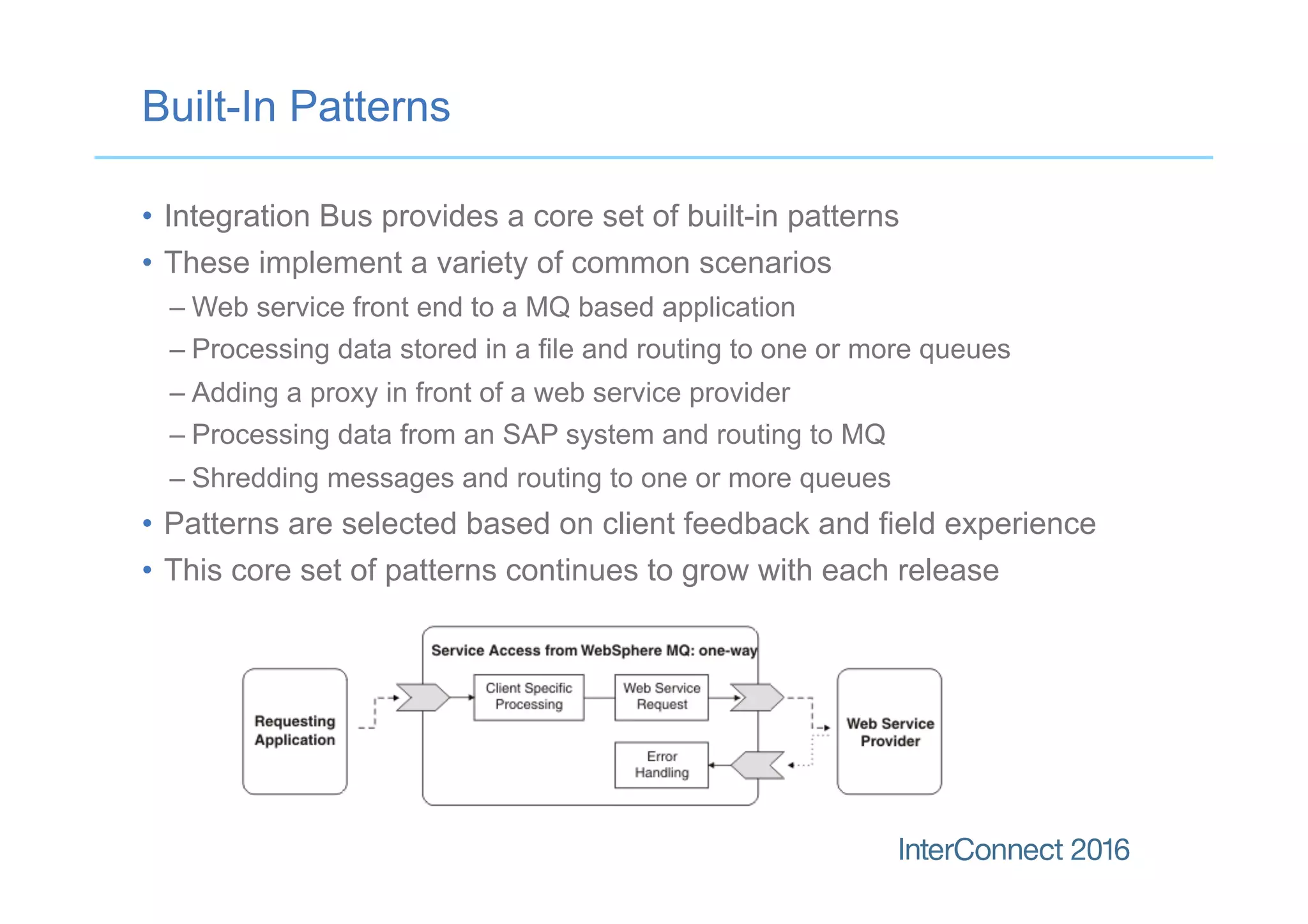 Built-In Patterns
•  Integration Bus provides a core set of built-in patterns
•  These implement a variety of common scenarios
– Web service front end to a MQ based application
– Processing data stored in a file and routing to one or more queues
– Adding a proxy in front of a web service provider
– Processing data from an SAP system and routing to MQ
– Shredding messages and routing to one or more queues
•  Patterns are selected based on client feedback and field experience
•  This core set of patterns continues to grow with each release
 