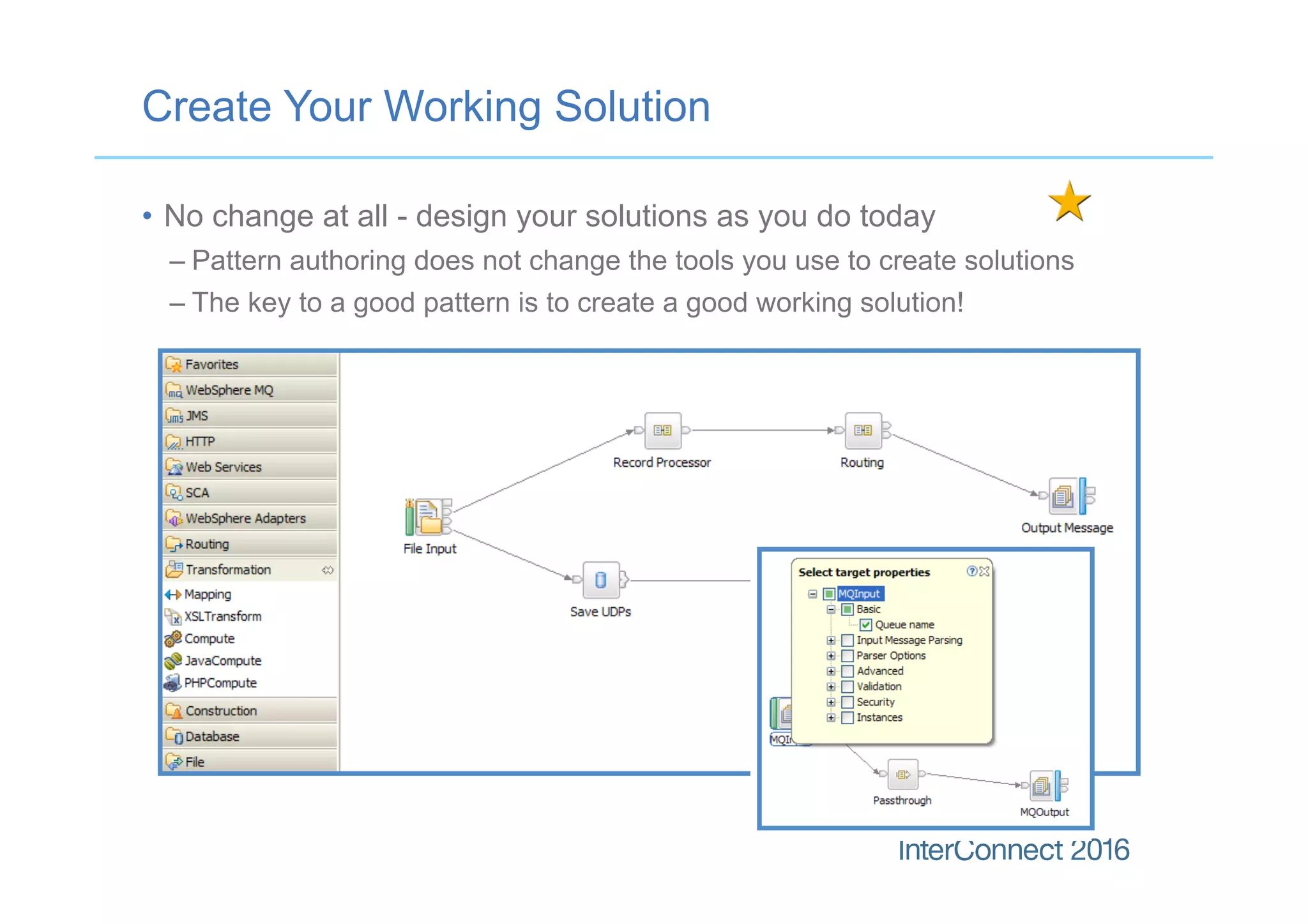 Create Your Working Solution
•  No change at all - design your solutions as you do today
– Pattern authoring does not change the tools you use to create solutions
– The key to a good pattern is to create a good working solution!
 