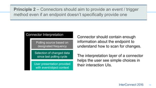 10
Principle 2 – Connectors should aim to provide an event / trigger
method even if an endpoint doesn’t specifically provide one
Connector Interpretation
Polling source based on
designated frequency
Selection of changed data
since last polling cycle
User presentation provided
with event/object context
Connector should contain enough
information about the endpoint to
understand how to scan for changes.
The interpretation layer of a connector
helps the user see simple choices in
their interaction UIs.
 