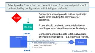 14
Principle 4 – Errors that can be anticipated from an endpoint should
be handled by configuration with intelligent defaults.
If error
Do this
Connectors should provide built-in, application
aware error handling for common error
scenarios.
A user should be able to accept default error
handling or override with user-specific designs
Connectors should be able to take advantage
of endpoint intelligence – e.g. optimistic locking.Connector
EndpointAPI
1. pre-read to get ‘object version identifier’
3. Retry on failure
2. Update passing ‘object version identifier’
(response) if the object version has changed
between 1 and 2 – return an error
 