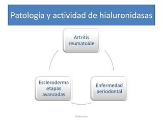 Patología y actividad de hialuronidasas

                    Artritis
                  reumatoide




       Escleroderma
                                   Enfermedad
           etapas
                                   periodontal
         avanzadas


                      Hialuronan
 