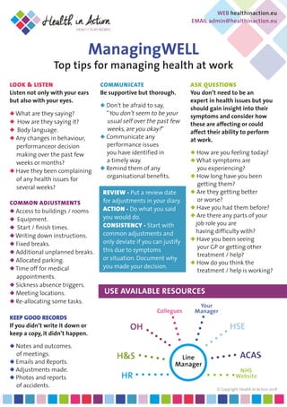 ManagingWELL
Top tips for managing health at work
LOOK & LISTEN
Listen not only with your ears
but also with your eyes.
 What are they saying?
 How are they saying it?
 Body language.
 Any changes in behaviour,
performanceor decision
making over the past few
weeks or months?
 Have they been complaining
of any health issues for
several weeks?
Common Adjustments
 Access to buildings / rooms
 Equipment.
 Start / finish times.
 Writing down instructions.
 Fixed breaks.
 Additional unplanned breaks.
 Allocated parking.
 Time off for medical
appointments.
 Sickness absence triggers.
 Meeting locations.
 Re-allocating some tasks.
review - Put a review date
for adjustments in your diary.
Action - Do what you said
you would do.
Consistency - Start with
common adjustments and
only deviate if you can justify
this due to symptoms
or situation. Document why
you made your decision.
Keep good records
If you didn’t write it down or
keep a copy, it didn’t happen.
 Notes and outcomes.
of meetings.
 Emails and Reports.
 Adjustments made.
 Photos and reports
of accidents.
Communicate
Be supportive but thorough.
 Don’t be afraid to say,
“You don’t seem to be your
usual self over the past few
weeks, are you okay?”
 Communicate any
performance issues
you have identified in
a timely way.
 Remind them of any
organisational benefits.
Ask Questions
You don’t need to be an
expert in health issues but you
should gain insight into their
symptoms and consider how
these are affecting or could
affect their ability to perform
at work.
 How are you feeling today?
 What symptoms are
you experiencing?
 How long have you been
getting them?
 Are they getting better
or worse?
 Have you had them before?
 Are there any parts of your
job role you are
having difficulty with?
 Have you been seeing
your GP or getting other
treatment / help?
 How do you think the
treatment / help is working?
*Theinformationcontainedisforgeneraladviceonly.
Web healthinaction.eu
email admin@healthinaction.eu
Use Available Resources
© Copyright Health In Action 2018
 