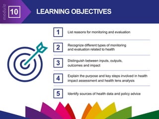 LEARNING OBJECTIVES
10
List reasons for monitoring and evaluation
Recognize different types of monitoring
and evaluation related to health
Distinguish between inputs, outputs,
outcomes and impact
1
2
3
Explain the purpose and key steps involved in health
impact assessment and health lens analysis
4
5 Identify sources of health data and policy advice
 