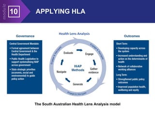 APPLYING HLA
10
The South Australian Health Lens Analysis model
Health Lens Analysis
 