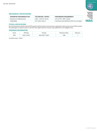 SURFACE
MOUNT
SILICONE
COATED
TYPE
HIAS
MECHANICAL SPECIFICATIONS
TYPICAL APPLICATIONS
This series has been evolved in order to fill the gap for melf and surface mount resistors in applications which are too severe for film resistors.
The advantages are superior power to size zero ratio, higher tolerance to pulse, surge applications and negligible noise.
ORDERING INFORMATION
For RoHS version - H3AS *
PARAMETER/ PERFORMANCE TEST TEST METHOD - DETAILS PERFORMANCE REQUIREMENTS
Resistance to Soldering Heat 260°C - 270°C for 10 secs.
Solderability JIS-C-5202- Para 6.5
∆R ± [0.75% + R05] - Typical
Continuous and satisfactory (95% min coverage).
Series HTR Type Packing Resistance Value Tolerance
HIAS H3AS / H3AS* Bulk H3AS / H3AS* 100R J
e : info@htr-india.com
www.htr-india.com
Rev Date : 06/03/2018
 