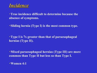 IncidenceIncidence
·True incidence difficult to determine because the
absence of symptoms.
·Sliding hernia (Type I) is the most common type.
·Type I is 7x greater than that of paraesophageal
hernias (Type II).
·Mixed paraesophageal hernias (Type III) are more
common than Type II but less so than Type I.
·Women 4:1
 